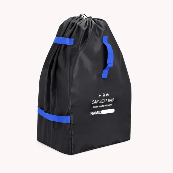Car seat travel bag in black with blue trim