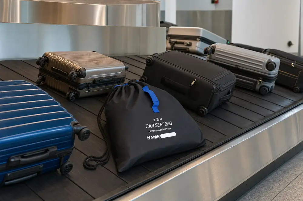 SeatPorter travel bag riding an airport baggage carousel between suitcases