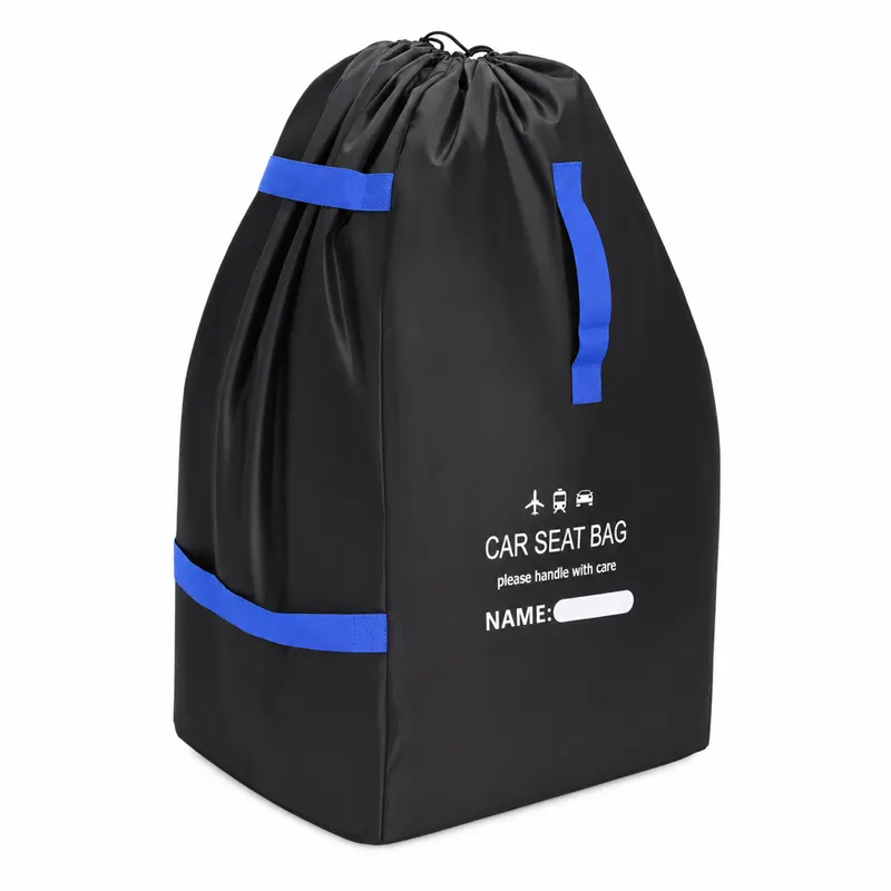 SeatPorter car seat travel bag in black, folded next to its built-in zip pouch