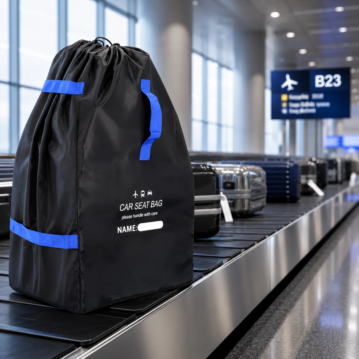 Black car seat travel bag with blue straps and a name window standing on an airport conveyor belt among hard-shell suitcases, a gate sign glowing in the background