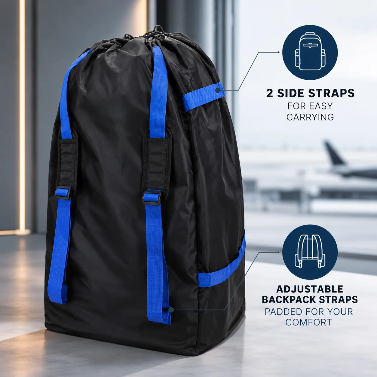 Black car seat travel bag with blue side straps and padded blue backpack straps, standing in an airport terminal with a plane outside the window