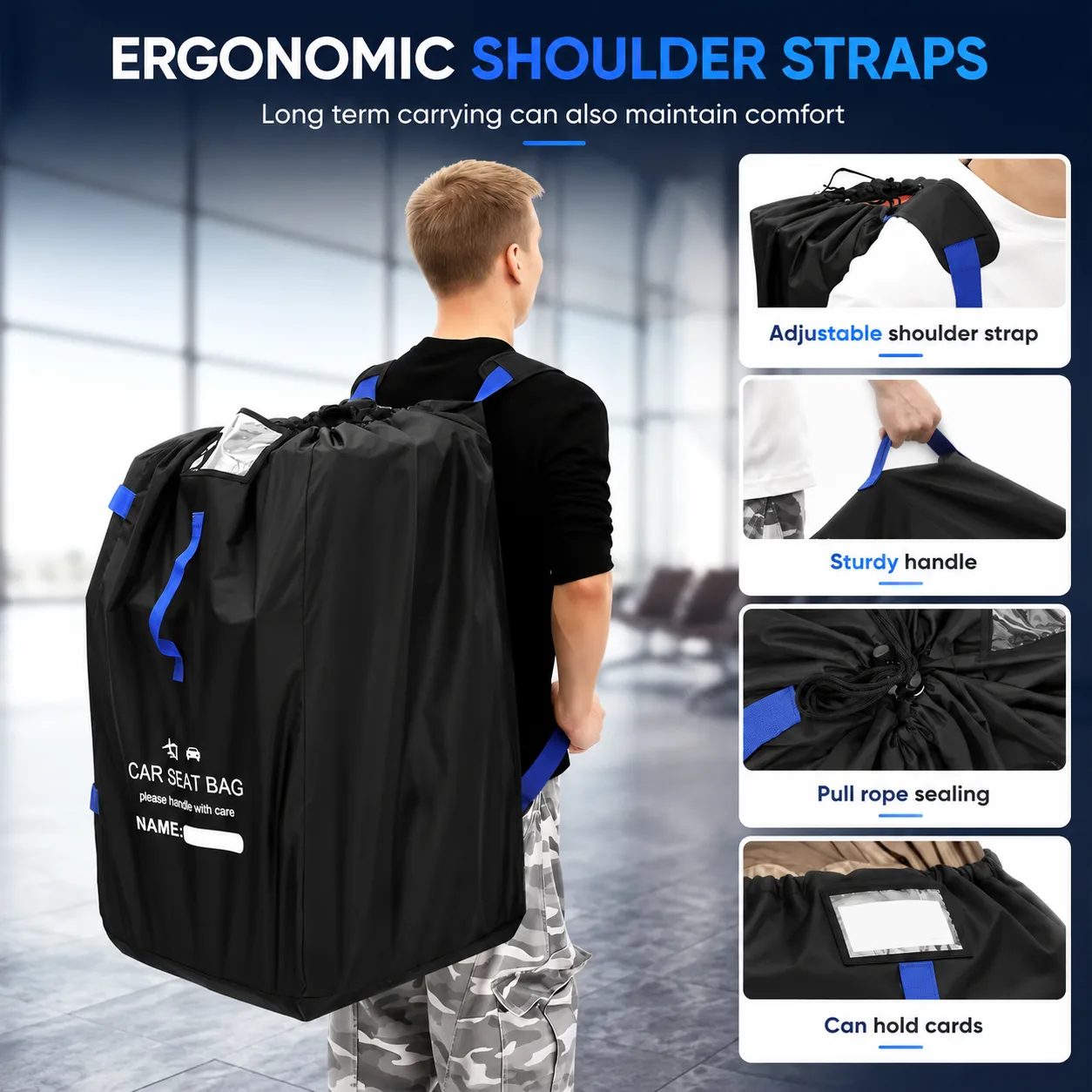 Man carrying the black car seat travel bag with blue straps on his back, shown with four close-up insets of the shoulder strap, the side handle, the drawstring top and the clear card window