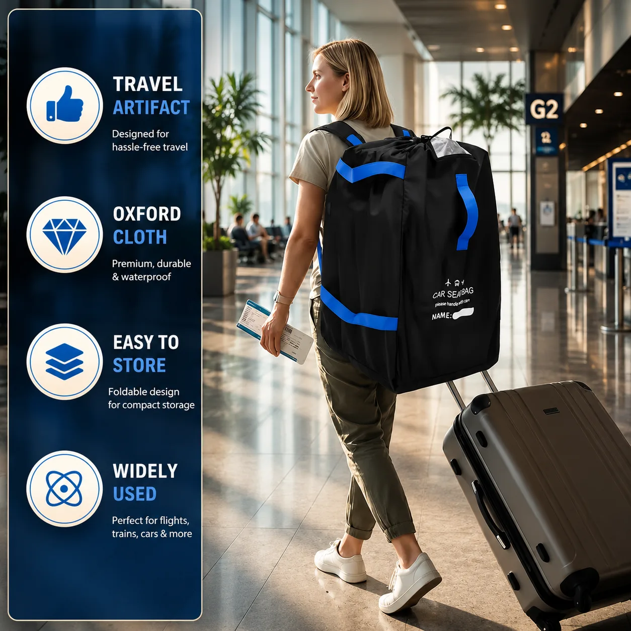 Woman walking through an airport with the black car seat travel bag with blue straps on her back, a boarding pass in hand and a suitcase rolling behind her, next to a blue panel of feature icons