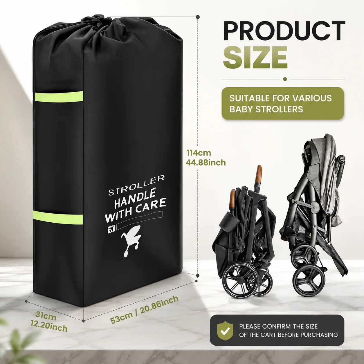 Size diagram of the upright black stroller bag with green reflective bands, dimension lines marked on its height, width and depth, and two folded strollers shown beside it
