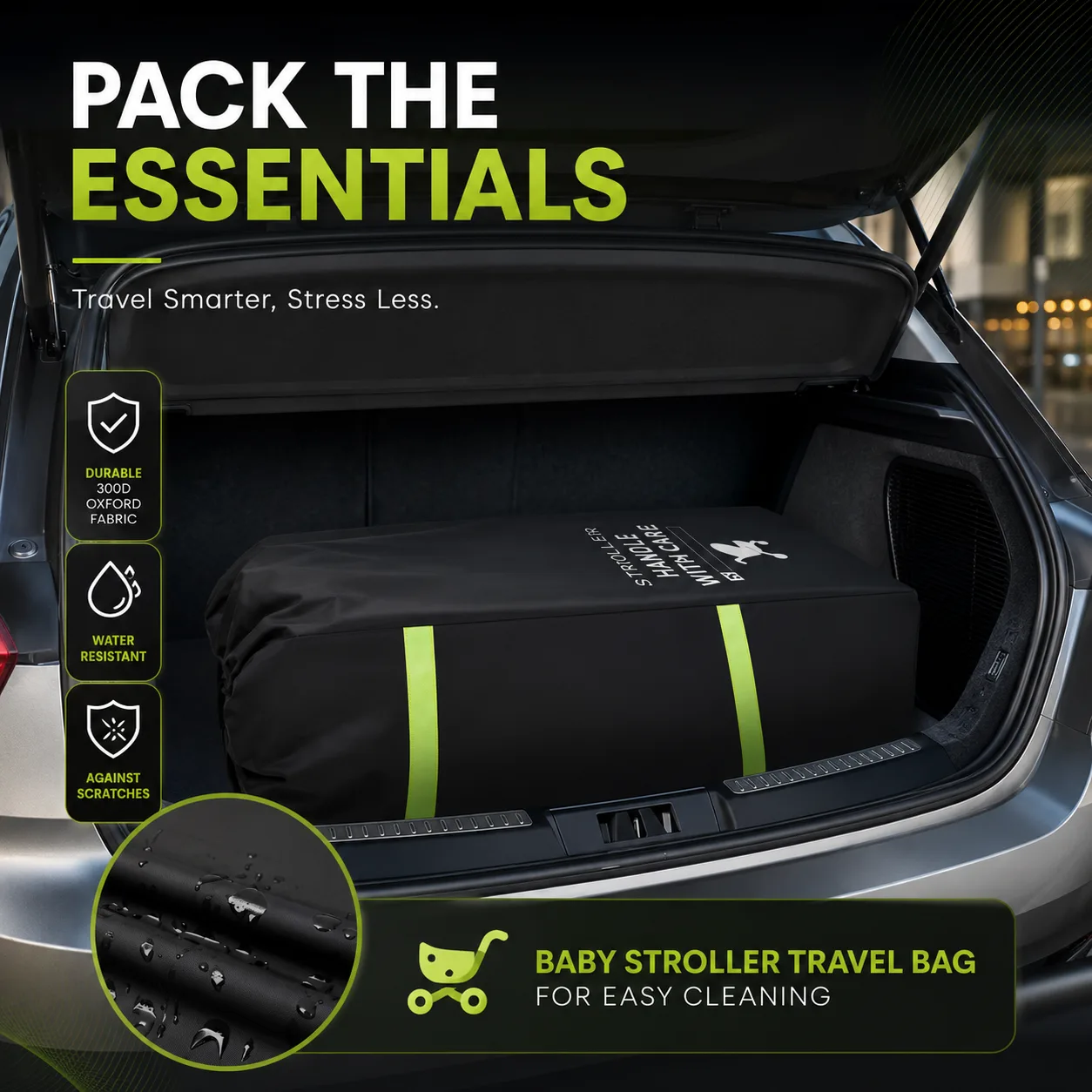 Packed black stroller travel bag with green reflective bands loaded flat in a car trunk, with an inset close-up of water beading on the Oxford fabric