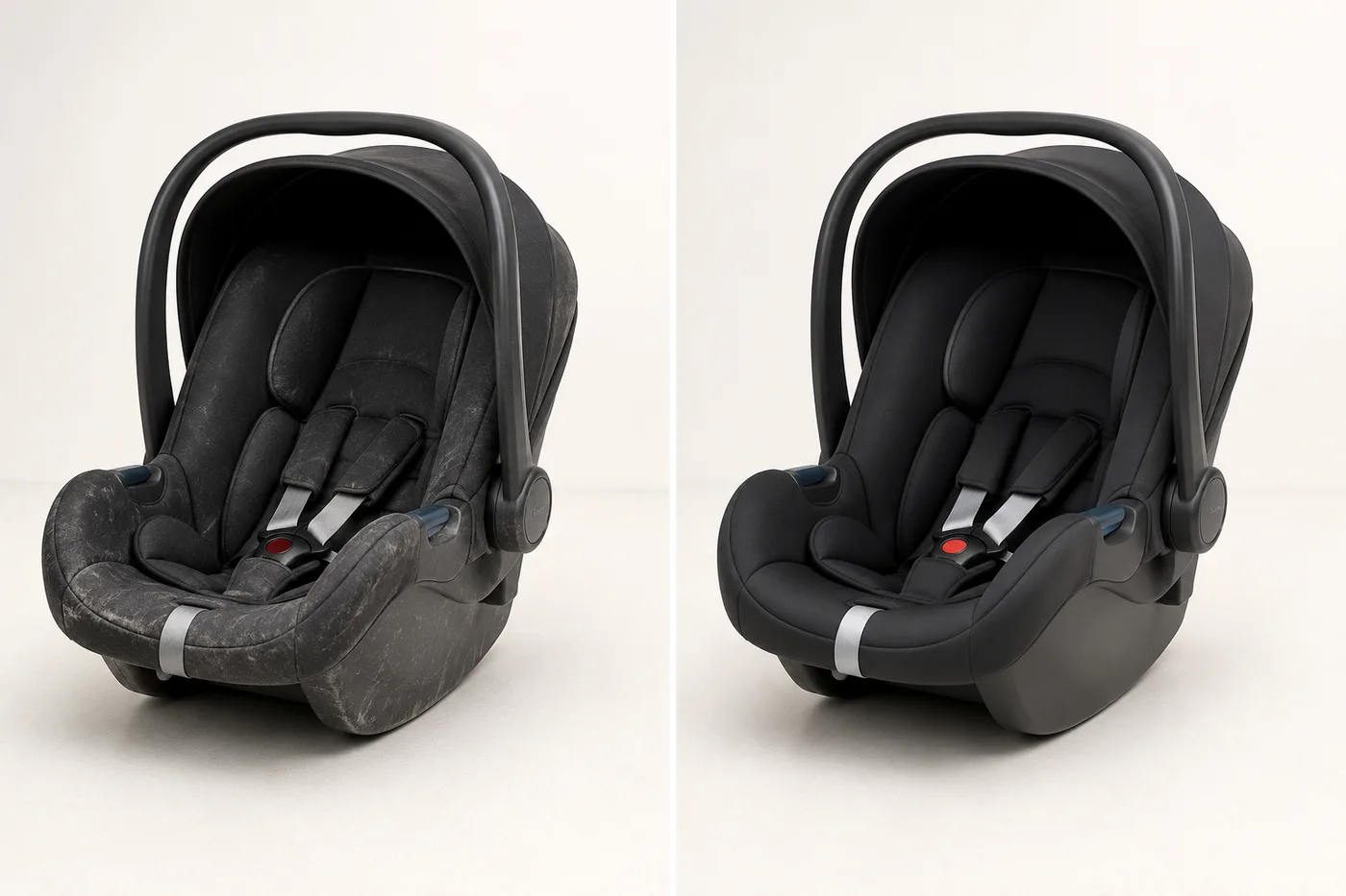 Side-by-side comparison of the same infant car seat: on the left the shell and fabric are dusty and scuffed, on the right they are clean and unmarked