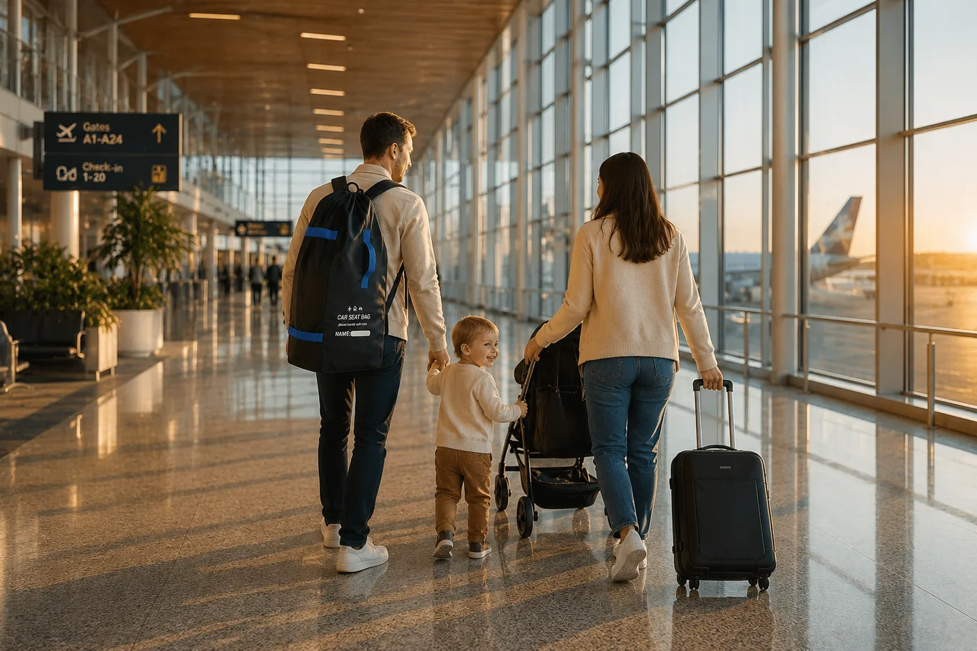 Family heading to the gate at sunset: dad carrying the black car seat travel bag with blue straps on his back and holding his son's hand, mom pushing the stroller and pulling a suitcase