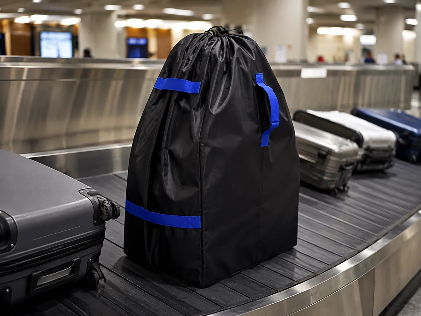Black car seat travel bag with blue straps riding a baggage carousel between hard-shell suitcases in an arrivals hall