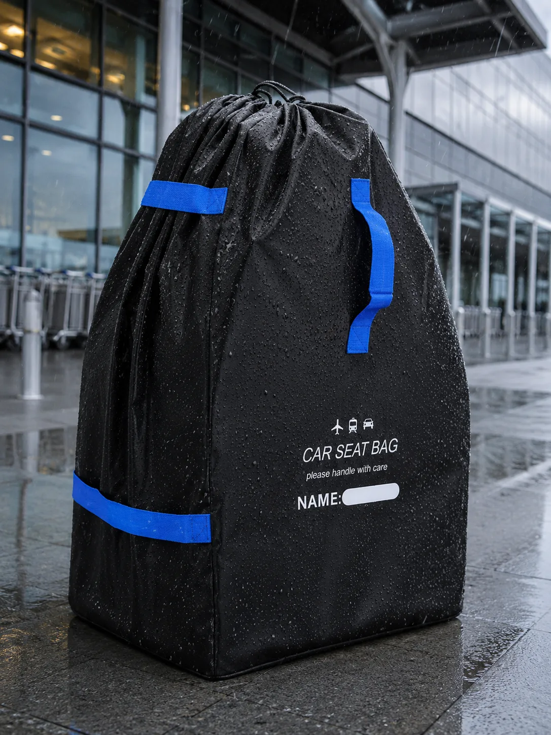 Black car seat travel bag with blue straps standing on wet pavement outside a terminal in the rain, water beading on the closed fabric shell