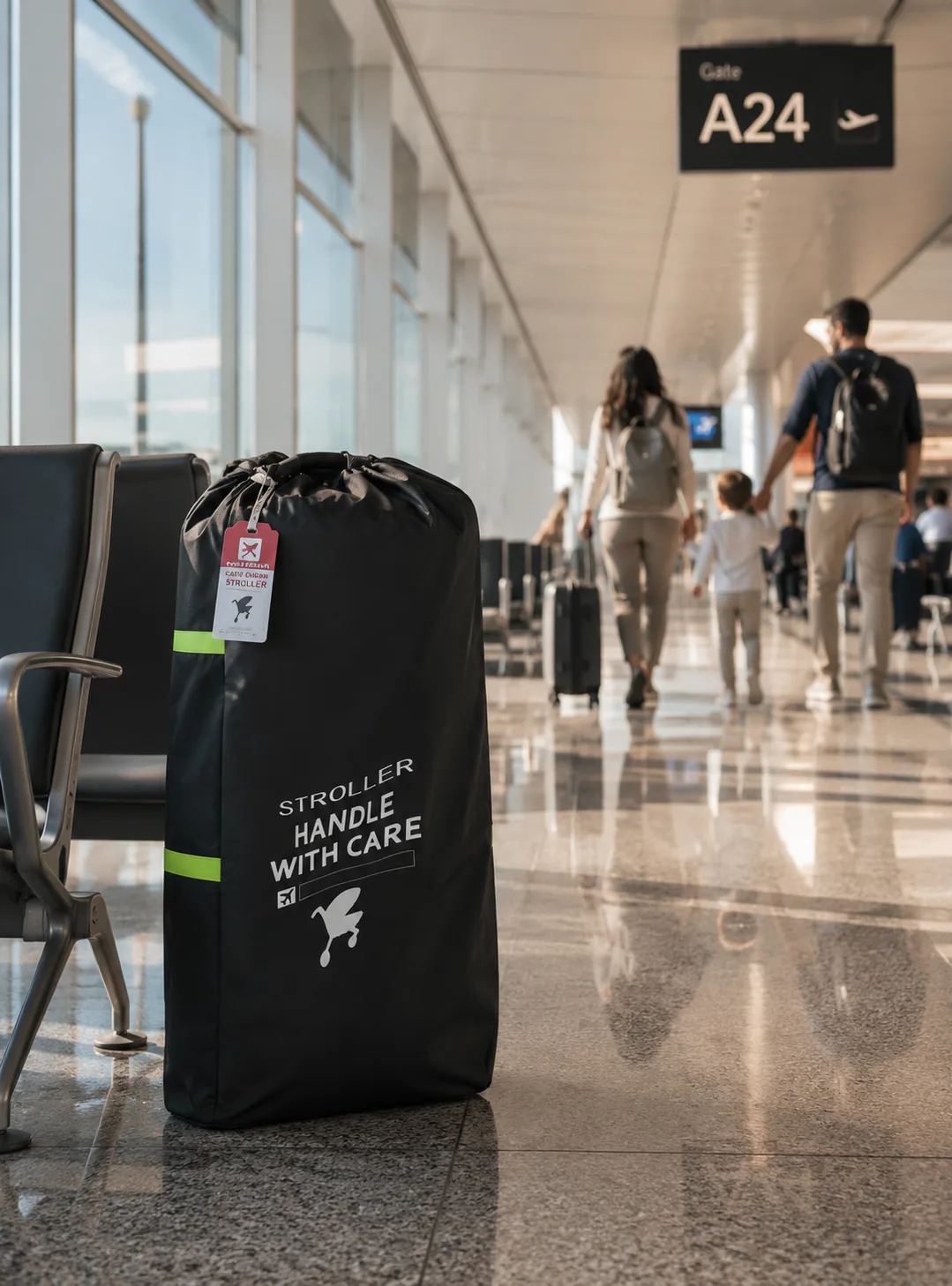 Bagged stroller in the black travel bag with green reflective bands and a paper claim tag standing beside the seats at airport gate A24 while a family walks down the terminal