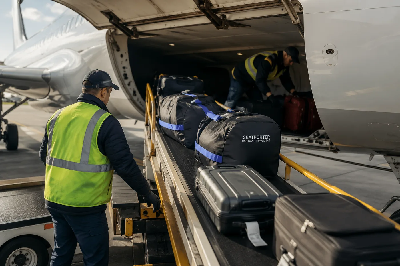 Ramp crew in high-visibility vests loading a black SeatPorter car seat travel bag with blue straps onto the belt loader alongside suitcases, into the aircraft hold