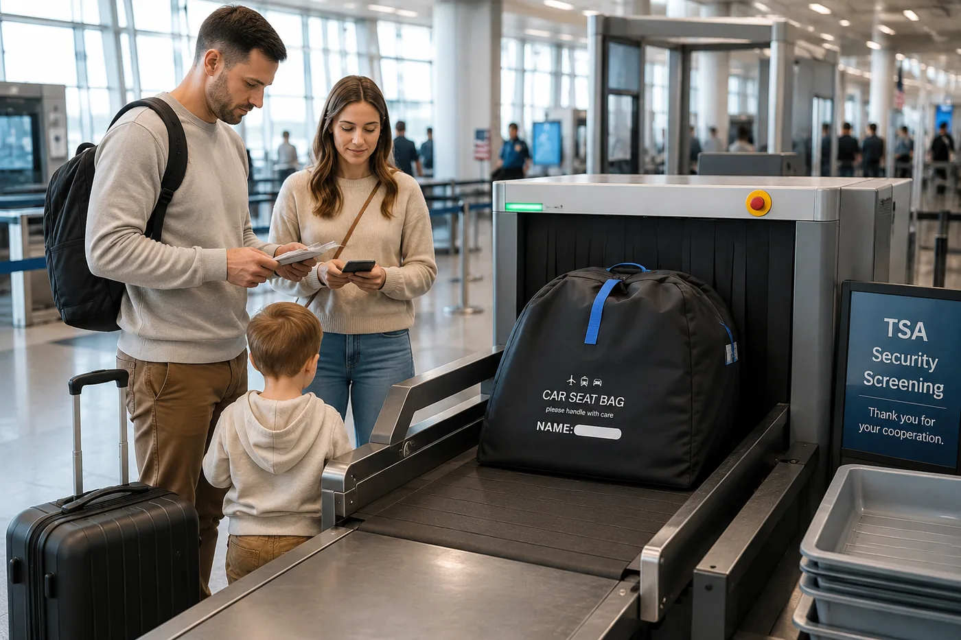 Family with a young boy at the TSA security screening checkpoint as a black car seat travel bag with a blue strap and a NAME window rides the X-ray belt