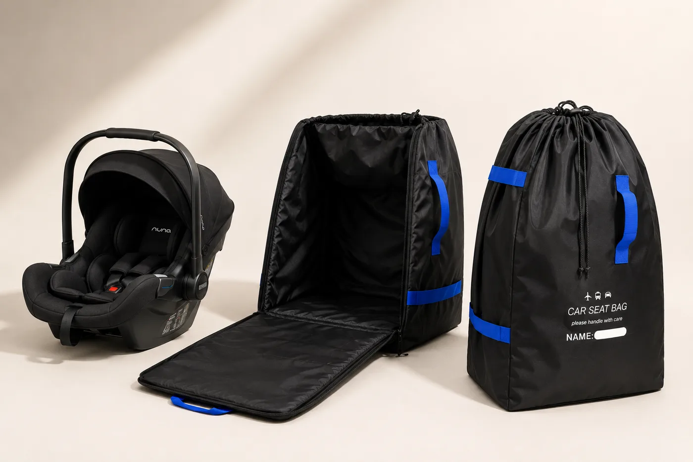 Infant car seat carrier next to the SeatPorter travel bag shown twice: unzipped with its padded lining and fold-down flap open, and closed upright with blue straps and a name label panel