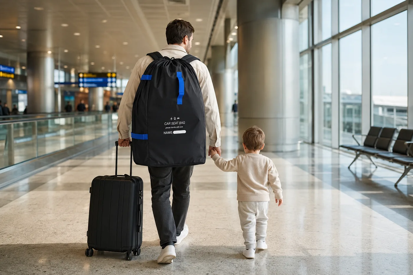 Father walking through an airport terminal with the black car seat bag with blue straps on his back, pulling a suitcase with one hand and holding his toddler's hand with the other