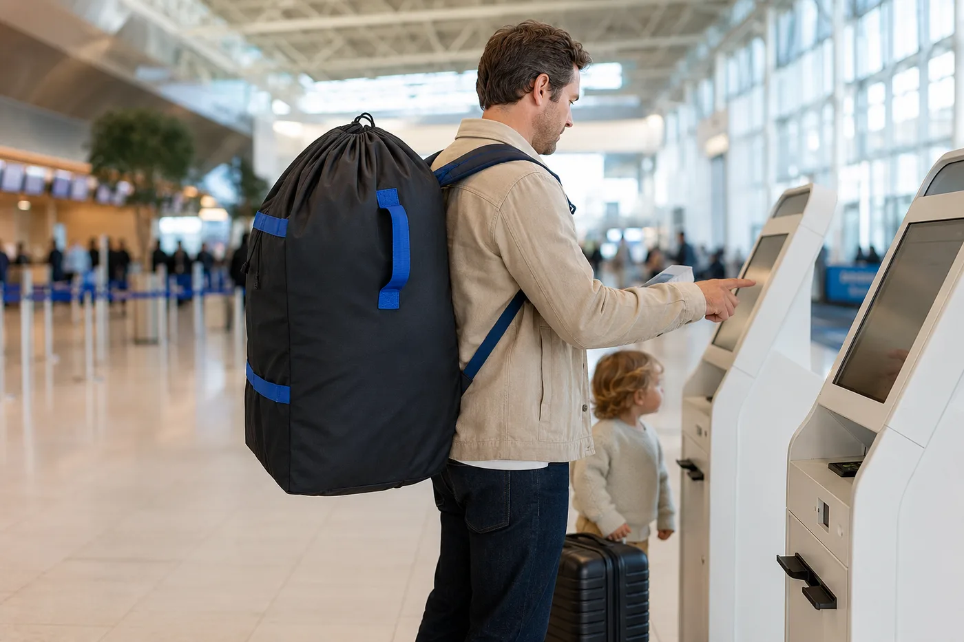 Father wearing the packed black car seat bag with blue straps and a blue side handle on his back while tapping an airport self check-in kiosk, his young child standing beside him