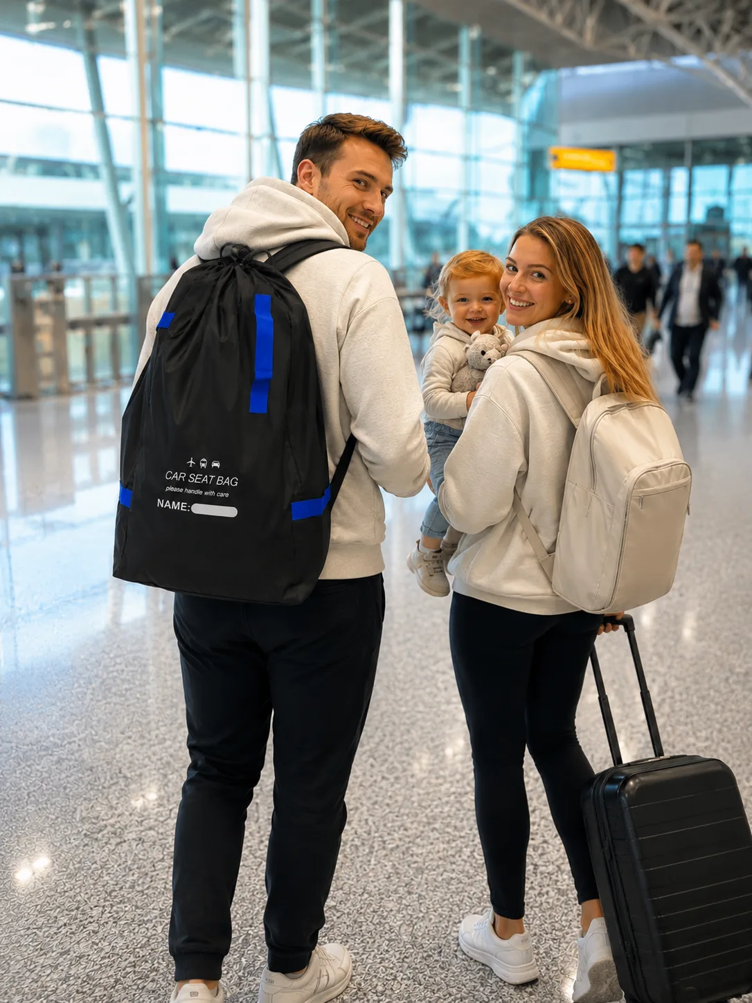 Dad walking through an airport terminal with the black car seat travel bag with blue straps worn on his back, its handle-with-care label facing out, while mom carries their toddler alongside