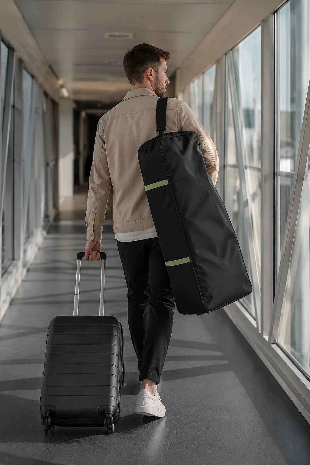 Traveler walking down a jet bridge with the long black stroller travel bag with green reflective bands slung over one shoulder while pulling a black suitcase