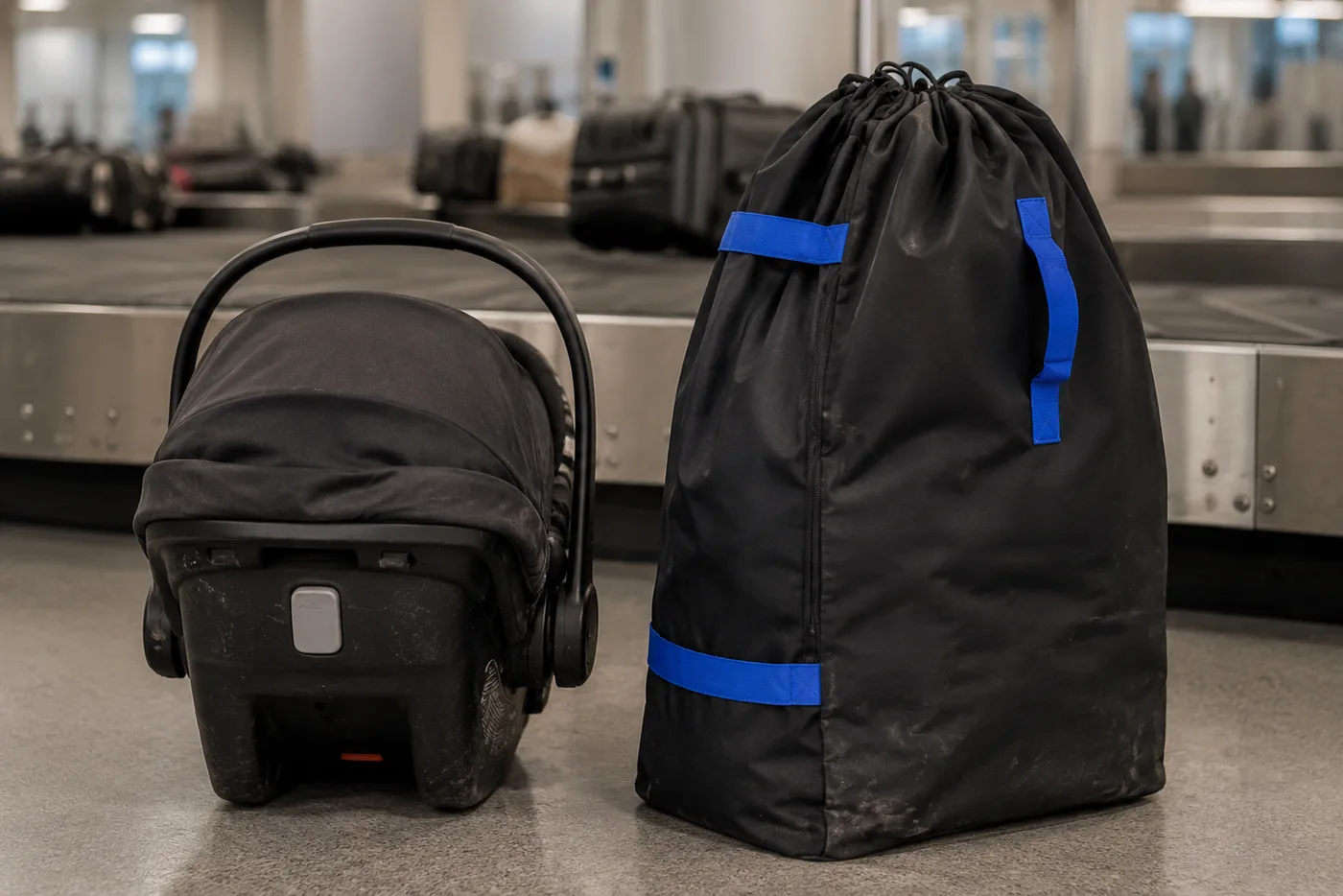 Unbagged infant car seat carrier standing on the floor next to the closed black SeatPorter travel bag with blue straps, beside an airport baggage carousel