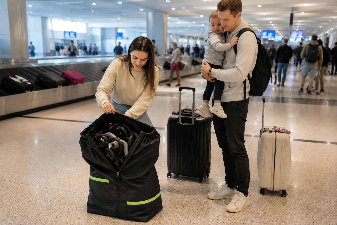 Mom opening the upright black stroller travel bag with green reflective bands beside an airport baggage carousel, the folded stroller frame and wheels packed inside